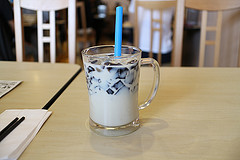 Mug filled with milk and jelly